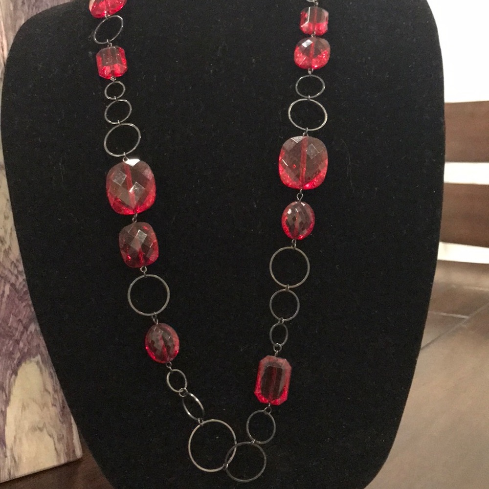 Vintage Beaded Long Red Stone Silver Chain Necklace